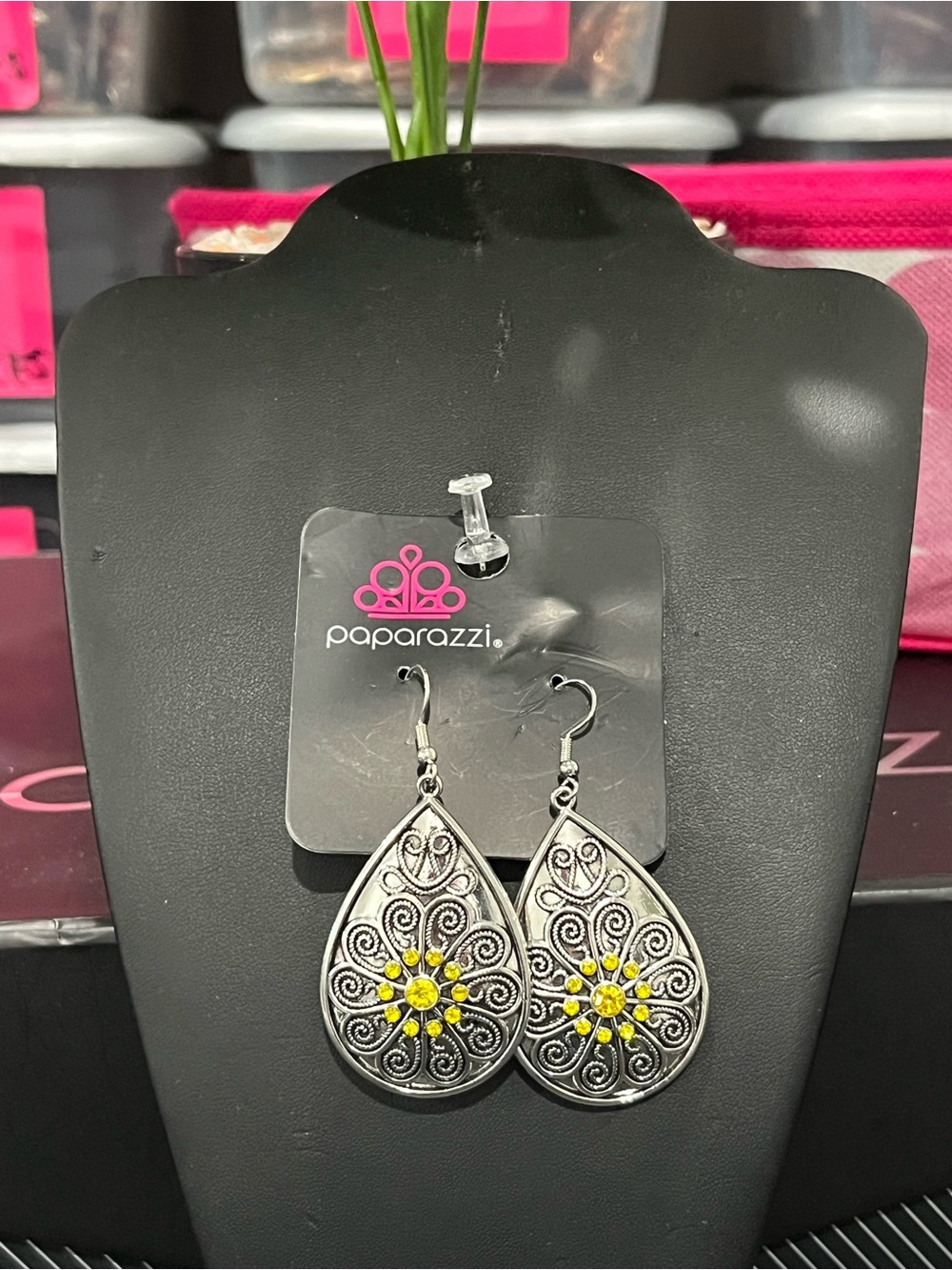 paparazzi Silver Teardrop Filigree Earrings with Yellow Stones